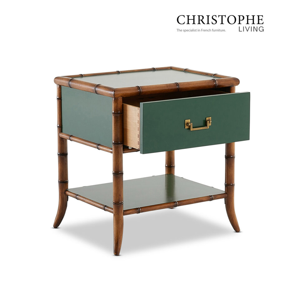 Capri Bamboo Style Bedside Table in Antique Brass Green