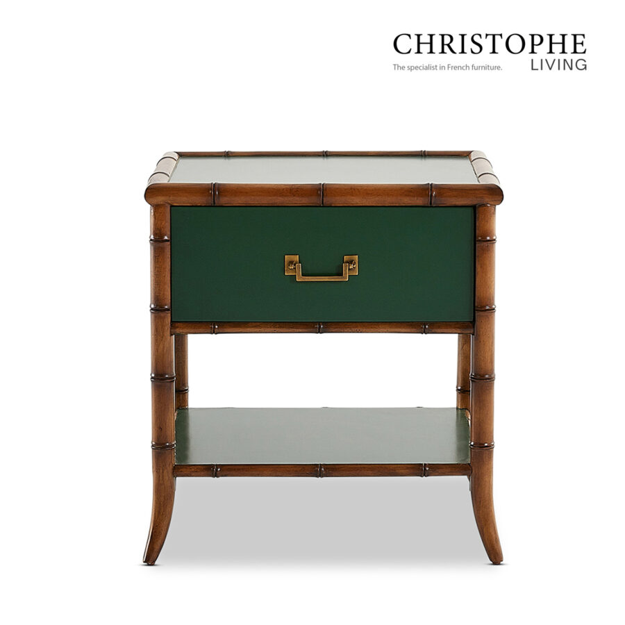 Capri Bamboo Style Bedside Table in Antique Brass Green