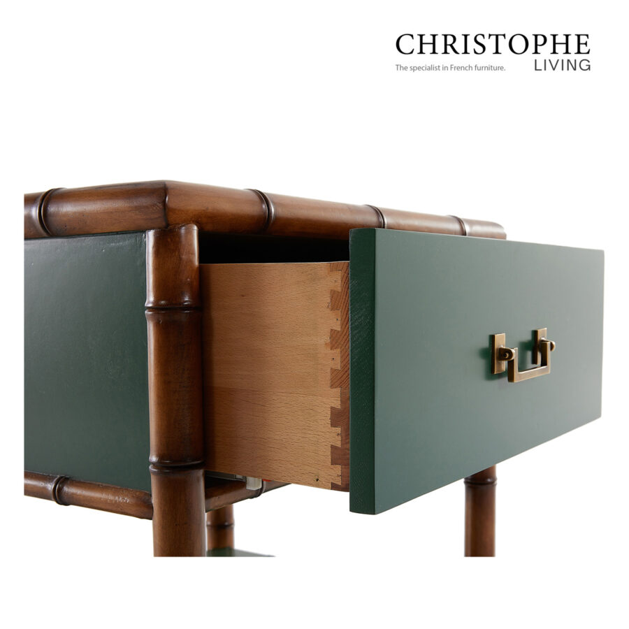 Capri Bamboo Style Bedside Table in Antique Brass Green