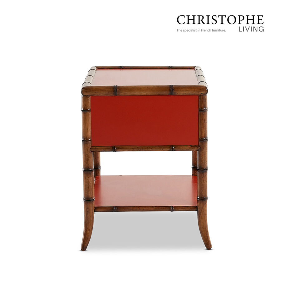 Capri Bamboo-Style Bedside Table in Tamarillo Orange Red with Antique Brass Accents