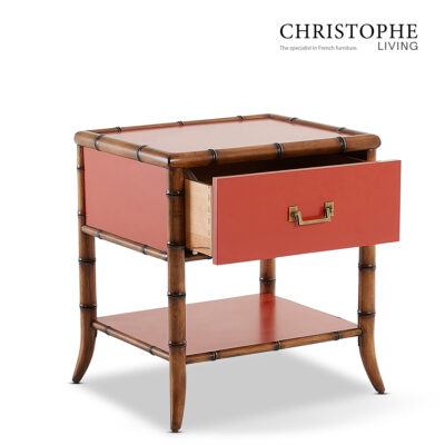 Capri Bamboo-Style Bedside Table in Tamarillo Orange Red with Antique Brass Accents