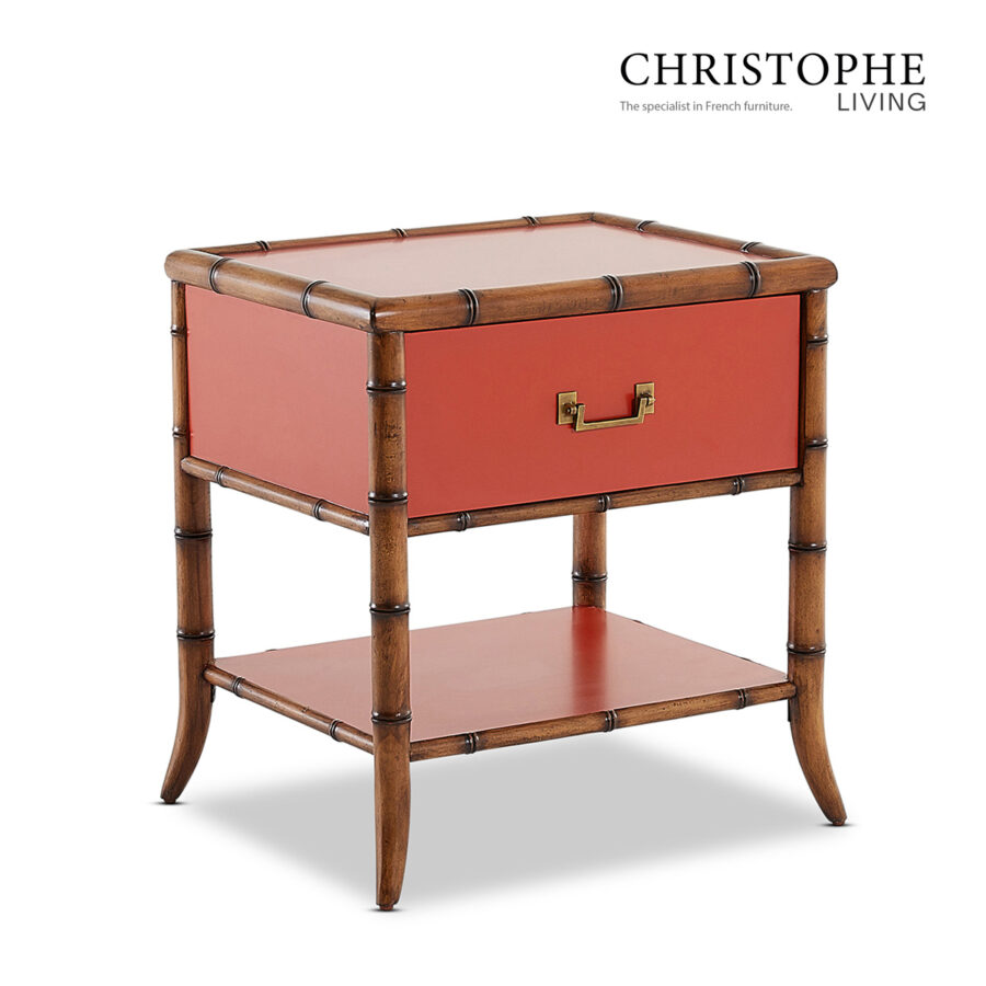 Capri Bamboo-Style Bedside Table in Tamarillo Orange Red with Antique Brass Accents