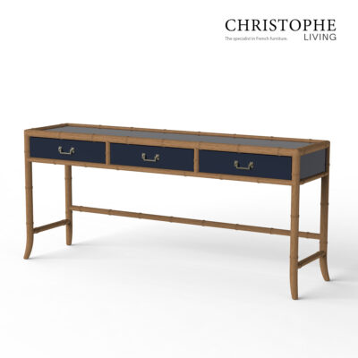 Capri Antique Brass Bamboo Console Table in Navy Blue for Living Room & Hallway