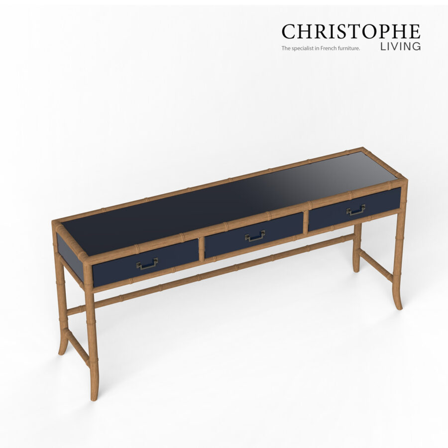 Capri Antique Brass Bamboo Console Table in Navy Blue for Living Room & Hallway