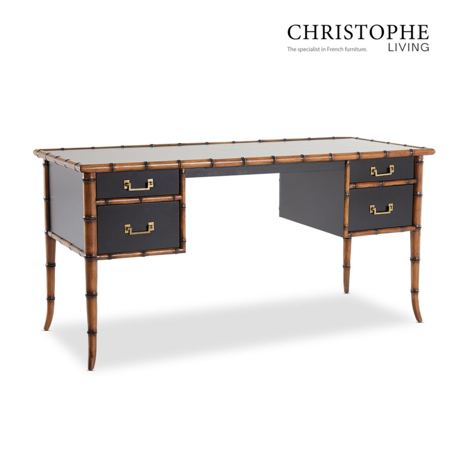 Capri Antique Bamboo Style Study Desk in Sleek Black with Brass Accents