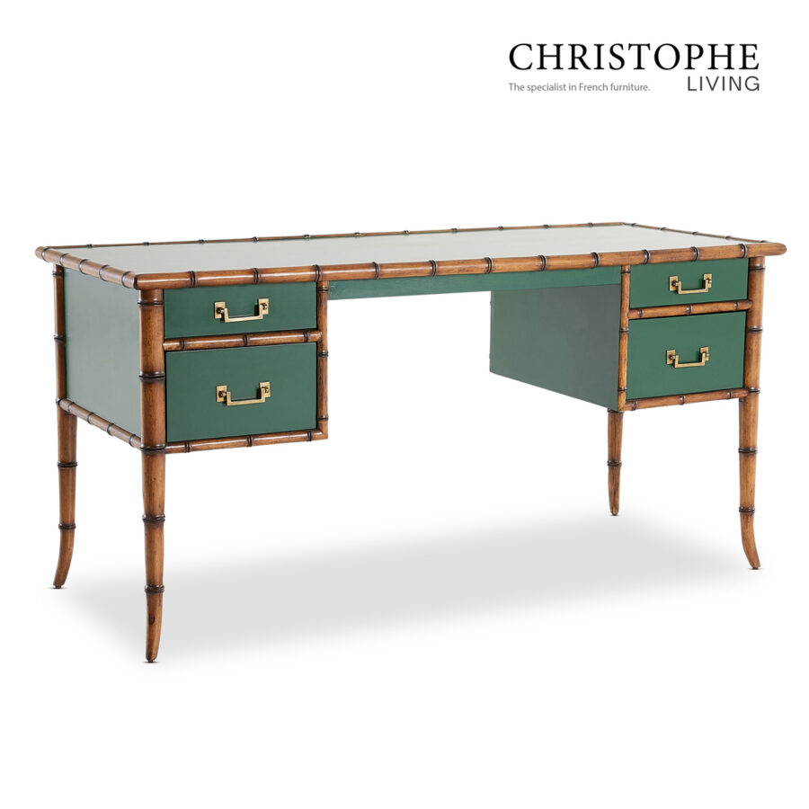 Capri Antique Bamboo Study Desk in Enchanting Green with Brass Accents