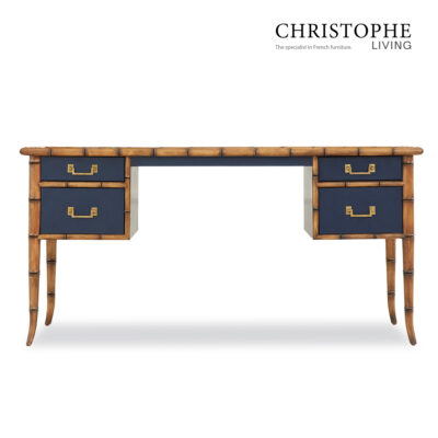 Capri Bamboo-Style Study Desk in Antique Brass & Navy Blue Oak
