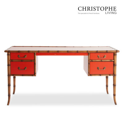 Capri Bamboo Style Study Desk in Tamarillo Orange Red with Antique Brass Accents
