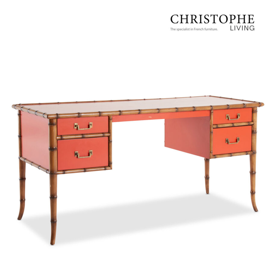 Capri Bamboo Style Study Desk in Tamarillo Orange Red with Antique Brass Accents