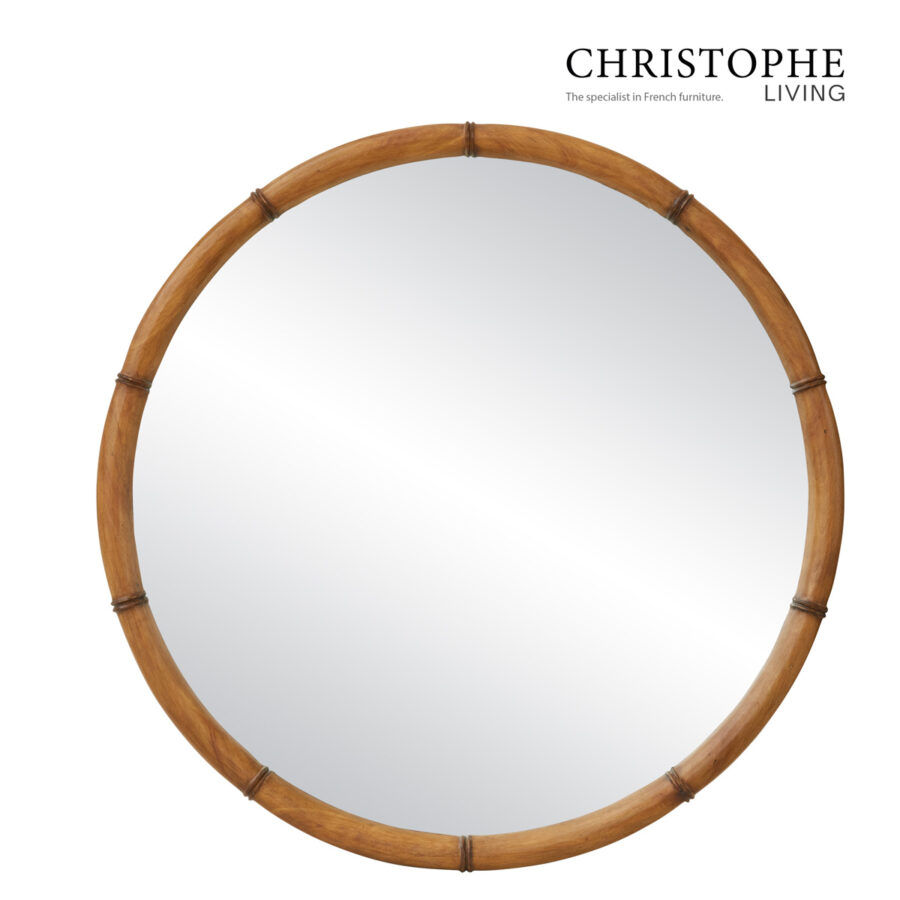 Capri Bamboo-Style Living Room & Hallway Round Mirror in Natural Oak Finish