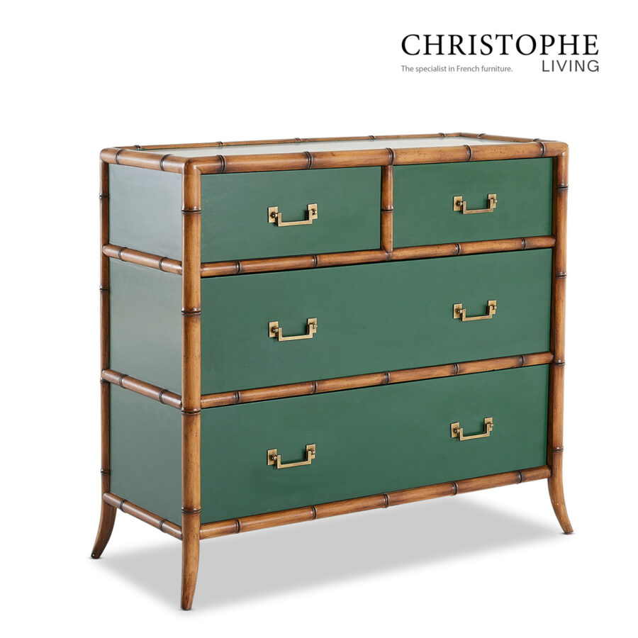 Capri Bamboo Style Bedroom Chest of Drawers in Antique Brass & Lush Green