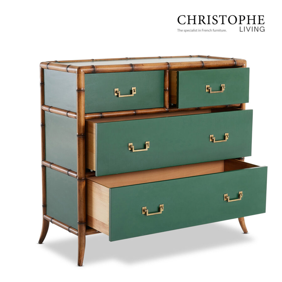 Capri Bamboo Style Bedroom Chest of Drawers in Antique Brass & Lush Green