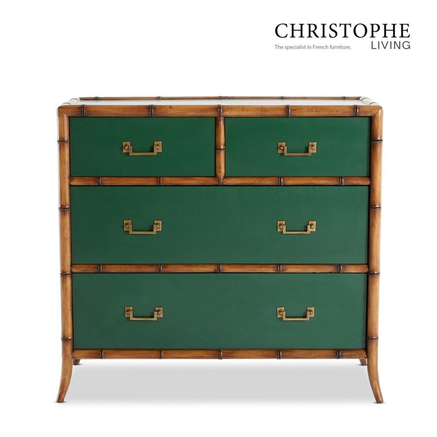 Capri Bamboo Style Bedroom Chest of Drawers in Antique Brass & Lush Green