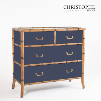 Capri Bamboo-Style Bedroom Chest of Drawers in Navy Blue with Antique Brass Accents