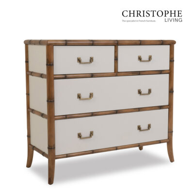 Capri English Bamboo Style Tallboy Chest in Off White Ivory with Antique Brass Accents