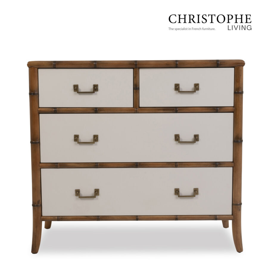 Capri English Bamboo Style Tallboy Chest in Off White Ivory with Antique Brass Accents