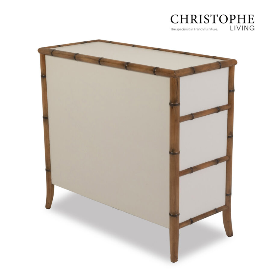 Capri English Bamboo Style Tallboy Chest in Off White Ivory with Antique Brass Accents