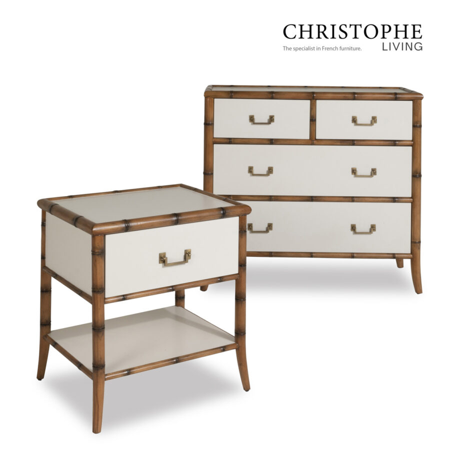 Capri English Bamboo Style Tallboy Chest in Off White Ivory with Antique Brass Accents