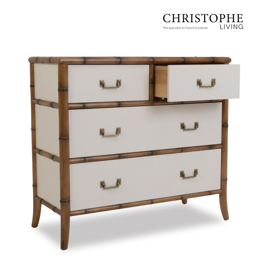 Capri English Bamboo Style Tallboy Chest in Off White Ivory with Antique Brass Accents