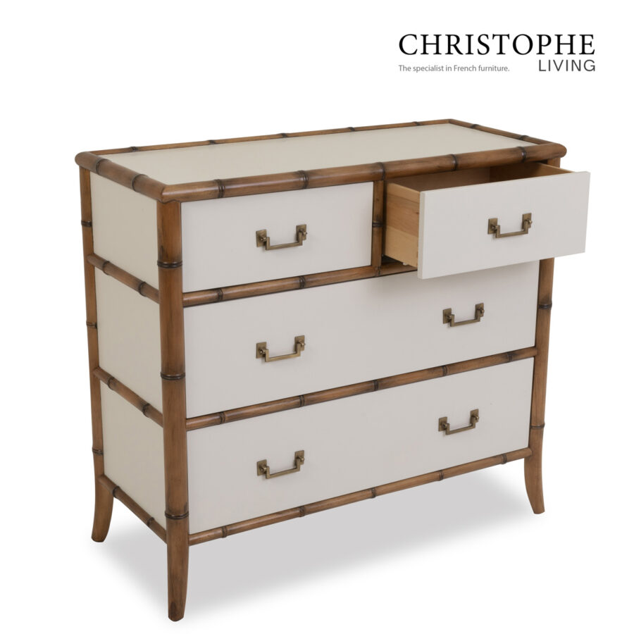 Capri English Bamboo Style Tallboy Chest in Off White Ivory with Antique Brass Accents