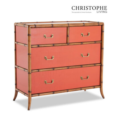 Capri Bamboo Style Tallboy in Tamarillo Orange Red with Antique Brass Accents
