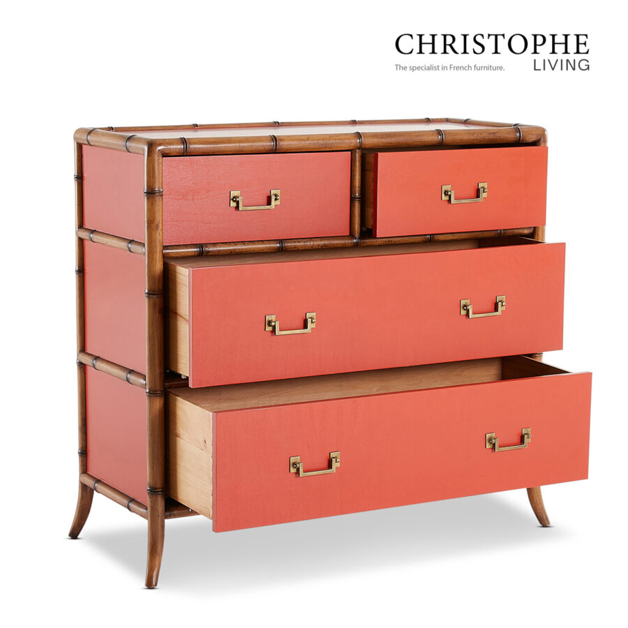 Capri Bamboo Style Tallboy in Tamarillo Orange Red with Antique Brass Accents