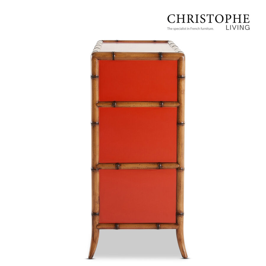 Capri Bamboo Style Tallboy in Tamarillo Orange Red with Antique Brass Accents