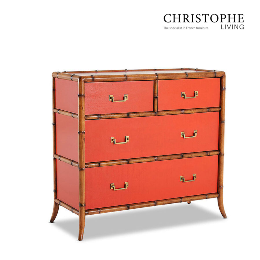 Capri Bamboo Style Tallboy in Tamarillo Orange Red with Antique Brass Accents