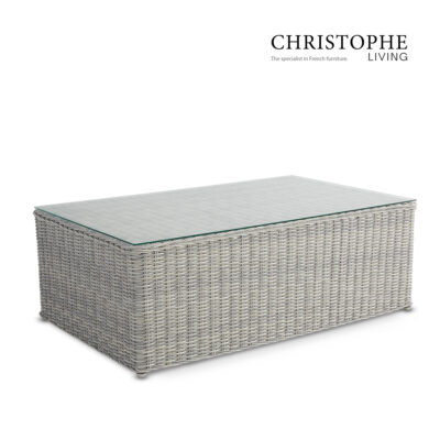 Cottesloe Elegant Outdoor Coffee Table in Weather-Resistant White Grey Wicker with Glass Top