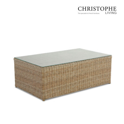 Cottesloe Elegant Wicker Coffee Table with Weather-Resistant Glass Top in Natural Finish for Outdoor Patio