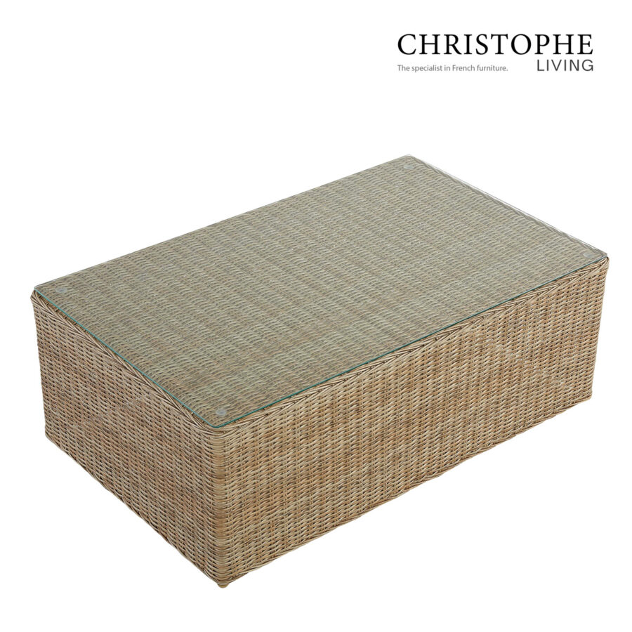 Cottesloe Elegant Wicker Coffee Table with Weather-Resistant Glass Top in Natural Finish for Outdoor Patio