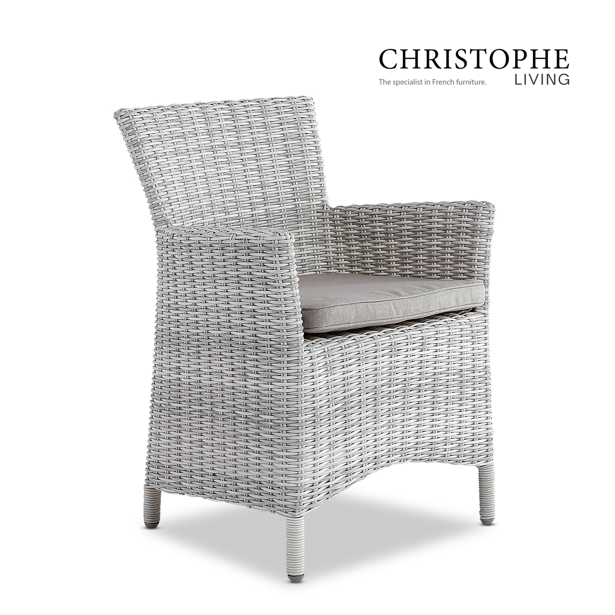 Four Mile Classic Outdoor Dining Chair in White Grey Synthetic Rattan and Water-Resistant Fabric
