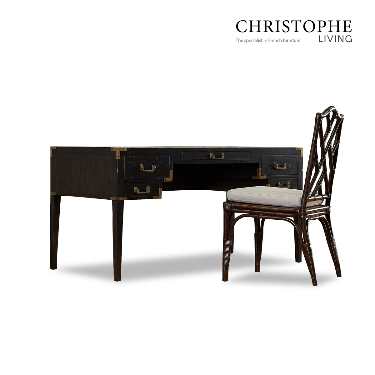 Holland Classic Study Desk in Charcoal Dark Timber with 5 Drawers and Brass Accents