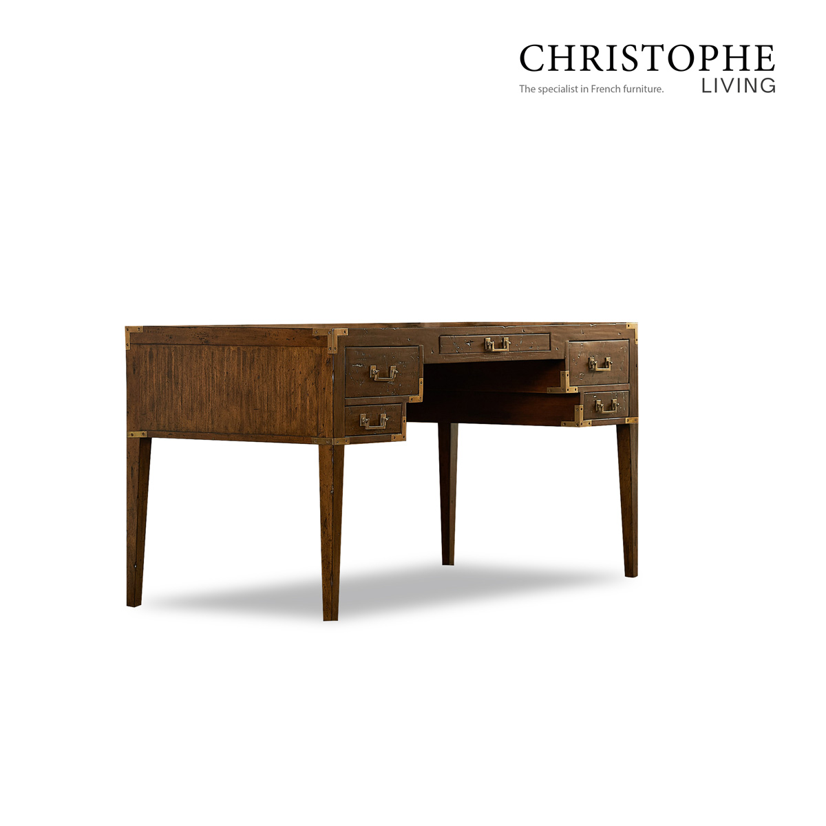 Holland French Provincial Study Desk in Warm Natural Timber with Solid Brass Hardware and 5 Drawers