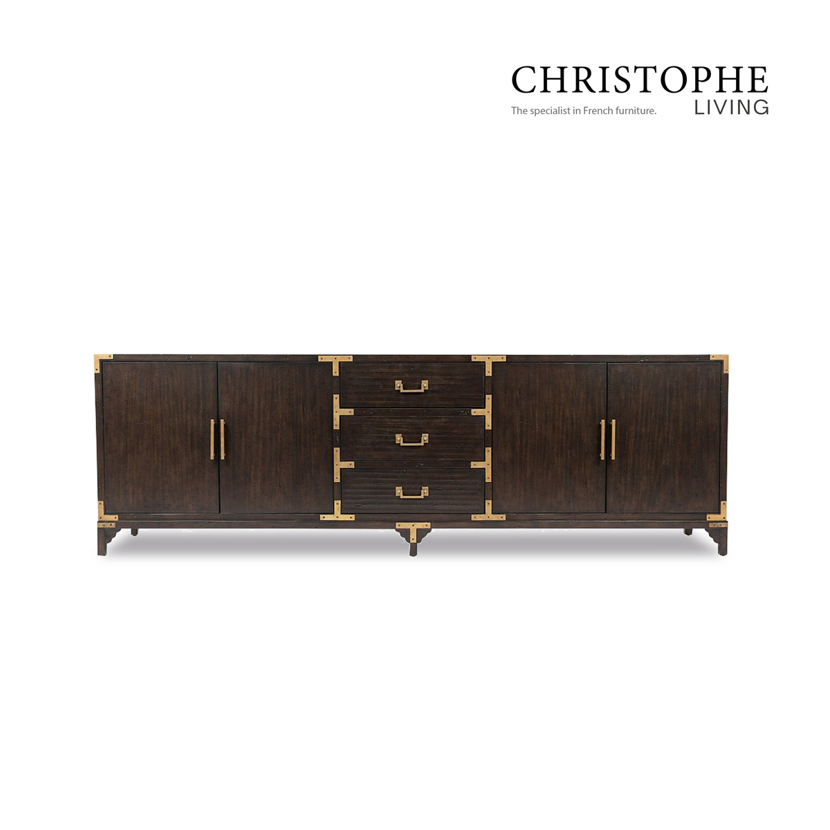 Holland Luxury Living Room Media Unit in Charcoal with Brass Hardware and Dark Timber Stain