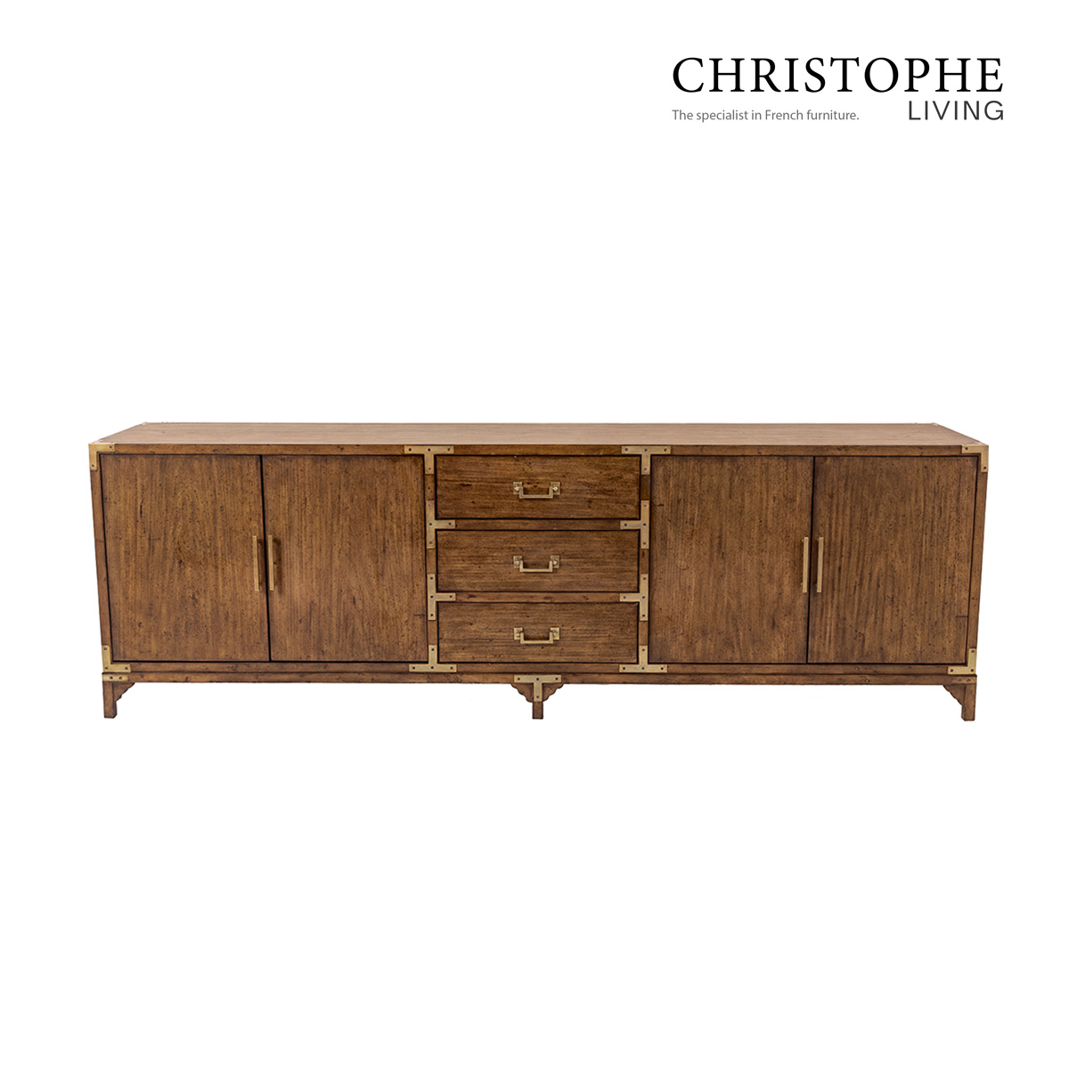 Holland Classic French Provincial Living Room Media Unit in Warm Natural Timber Stain with Brass Hardware