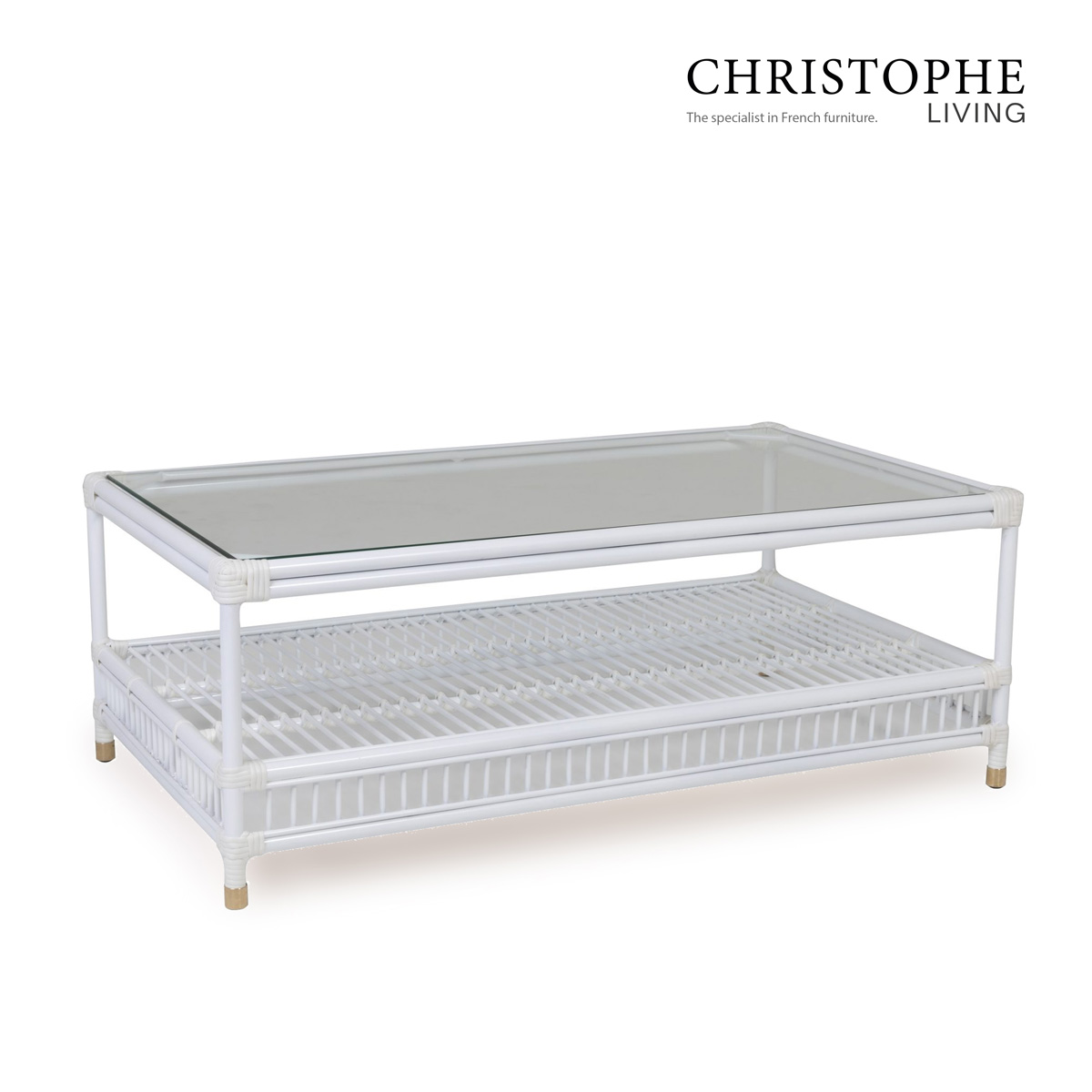 Hyams French Provincial Outdoor Coffee Table in White Synthetic Rattan and Toughened Glass