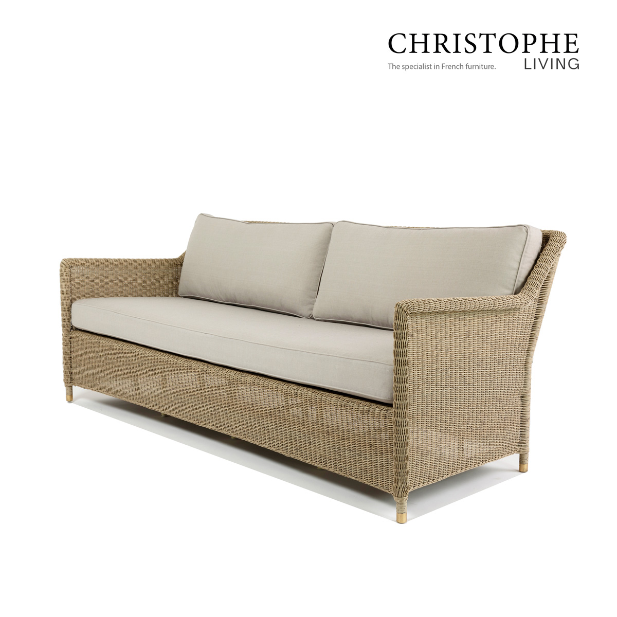 Hyams French Provincial Outdoor 3 Seater Sofa in Natural Synthetic Rattan Wicker