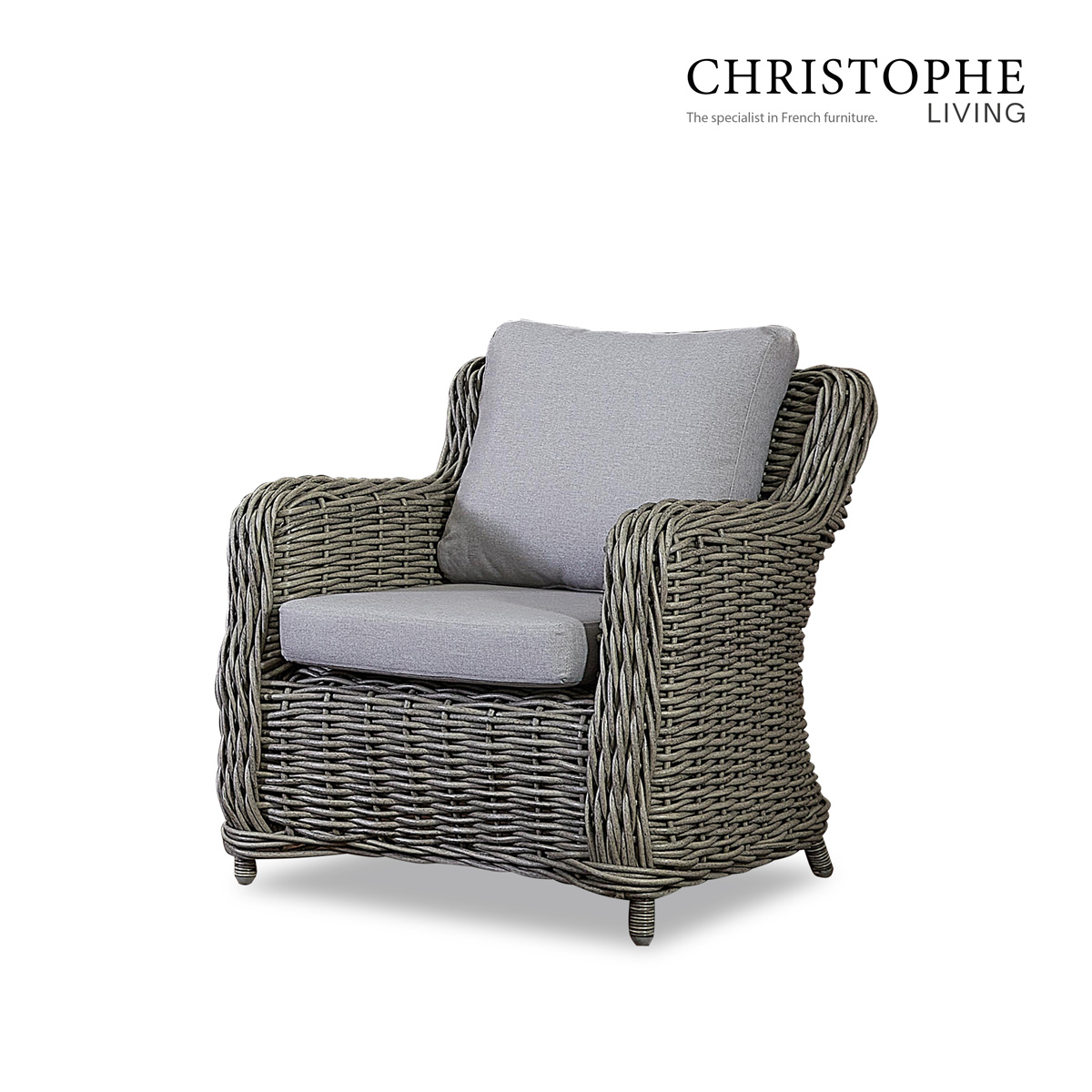 Manly French Provincial Outdoor Lounge Chair in French Grey Synthetic Rattan and Wicker