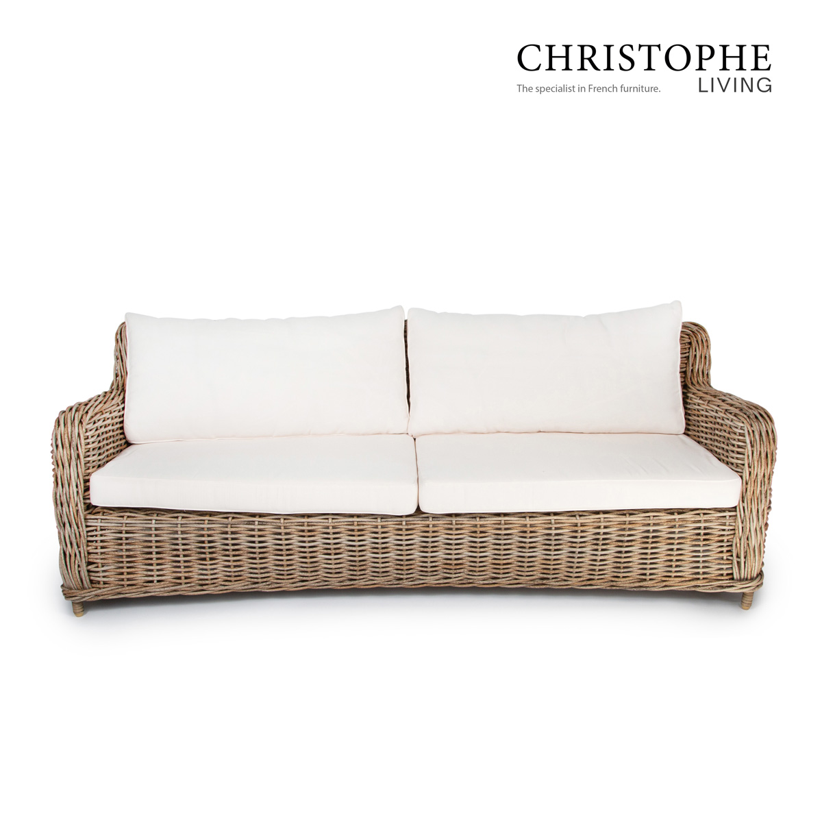 Manly French Provincial Outdoor 2.5 Seater Sofa in Natural Synthetic Rattan and Wicker