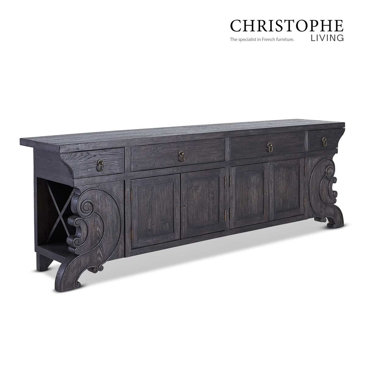 Pacific Dark Charcoal Oak Timber Sideboard with Brass Accents and Wine Storage