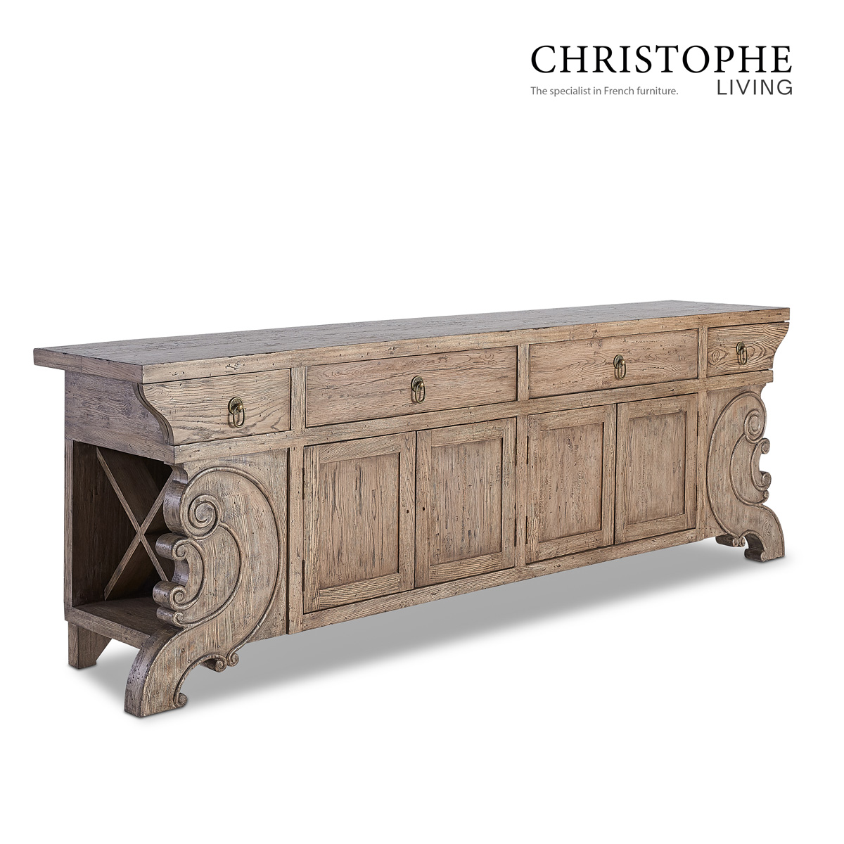 Pacific French Provincial Style Dining & Living Room Sideboard in Natural Oak Timber with Wine Storage and Brass Hardware