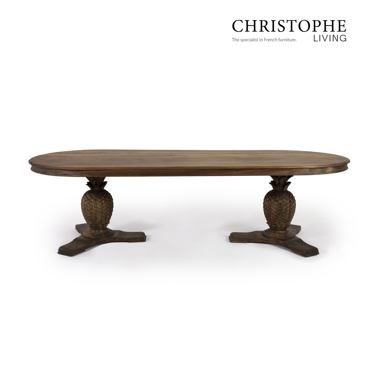 Palm Elegance Oval Outdoor Dining Table - Oiled Brazilian Grey Teak with Intricate Pineapple Base