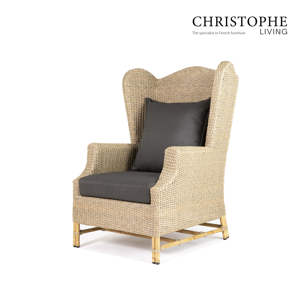 Port Douglas French Provincial Outdoor Wing Chair - Natural Rattan and Wicker in Beach Teak with Charcoal Polyester Fabric