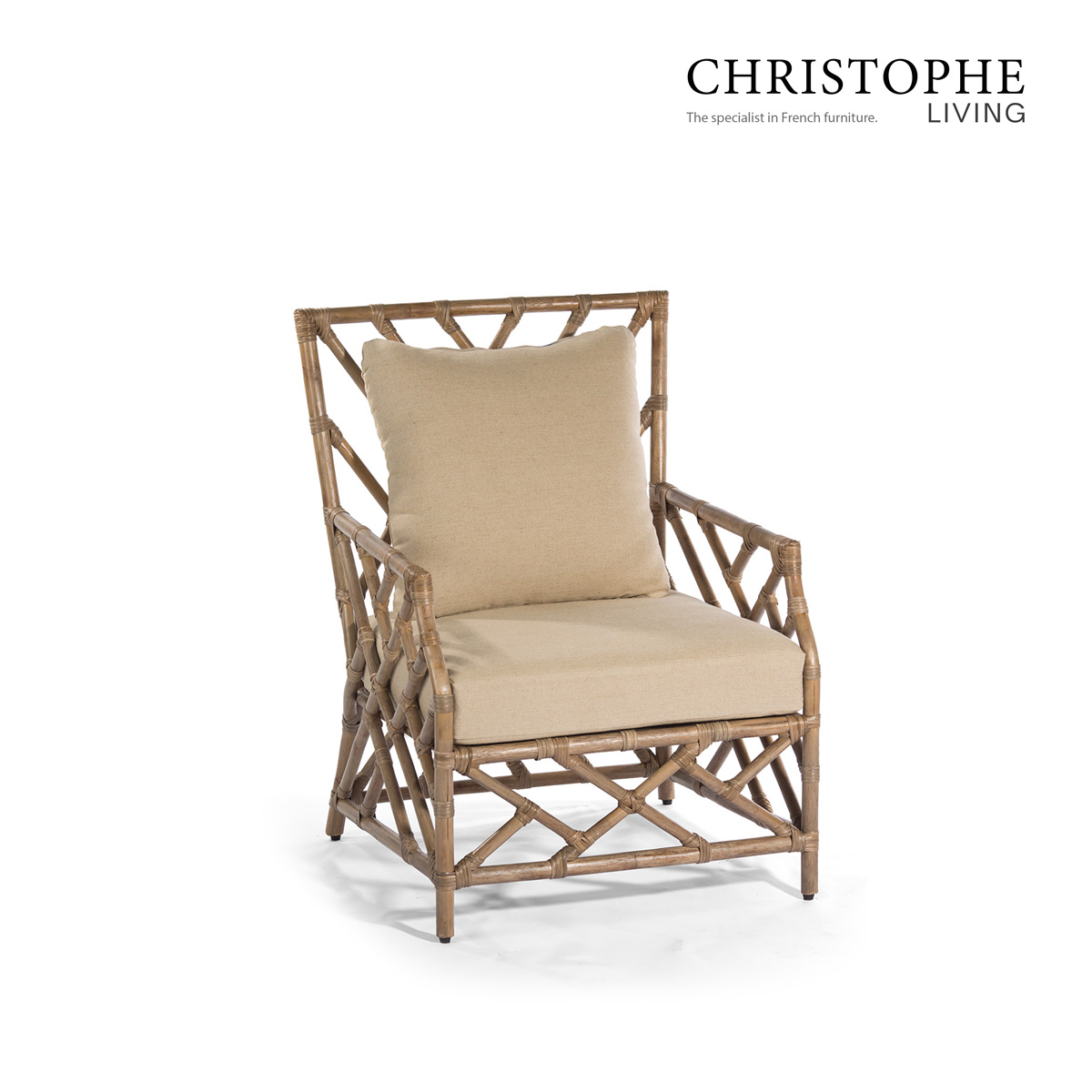 Qing Handcrafted Natural Rattan Lounge Chair in Mud Grey with Herringbone Weave