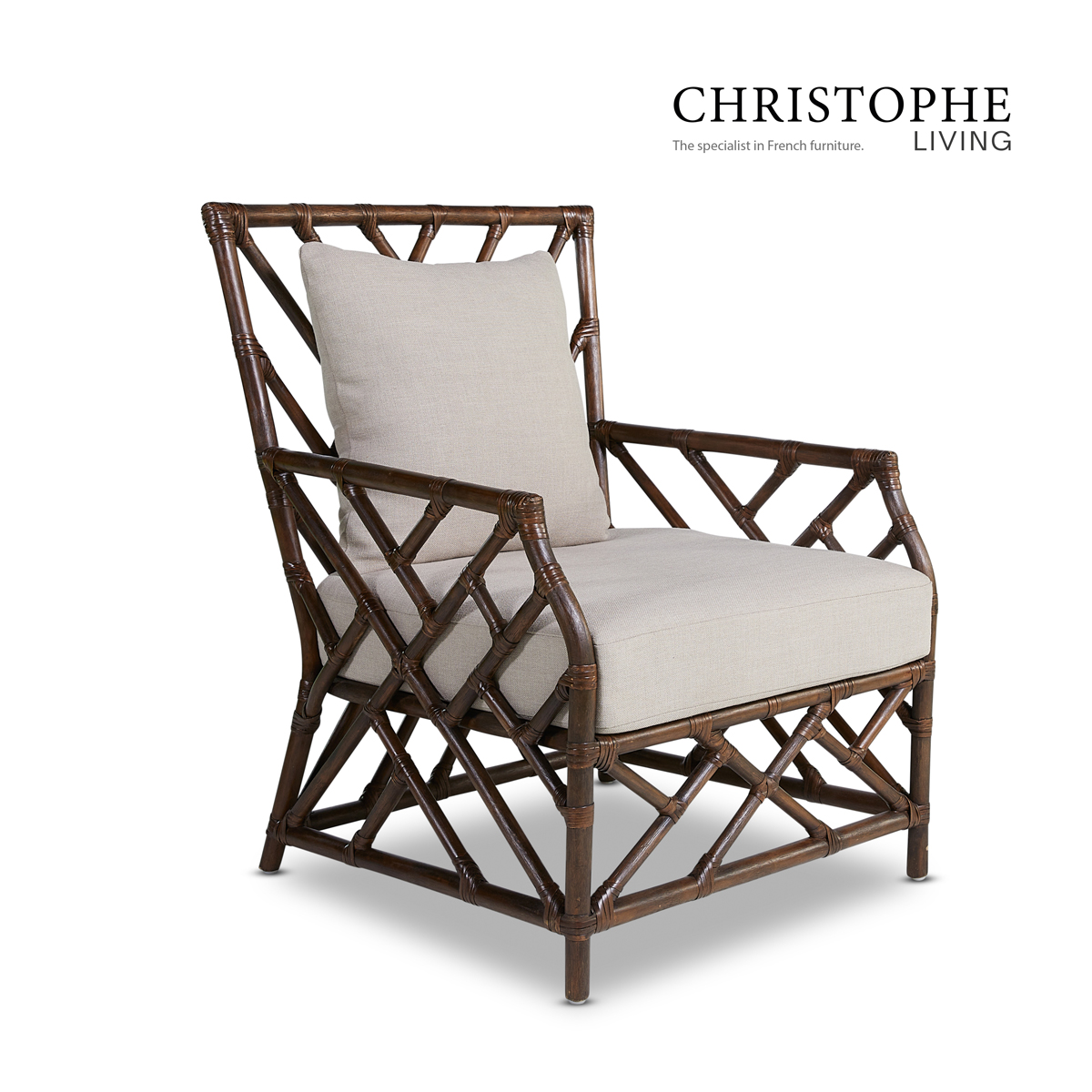 Qing French Provincial Living Room Lounge Chair in Coffee Bean Rattan with Herringbone Fabric Detail