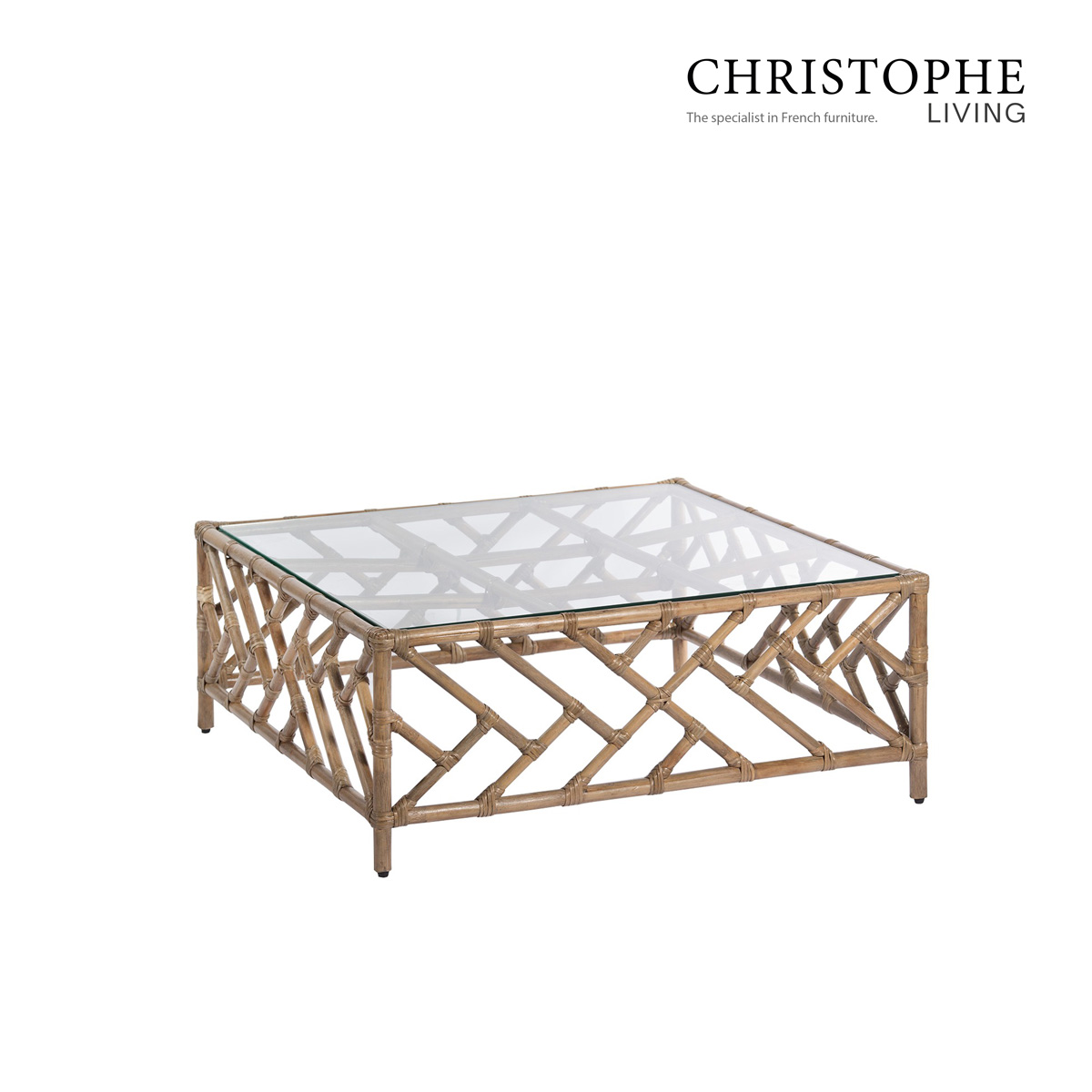 Qing Chippendale Style Coffee Table in Mud Grey with Natural Rattan and Glass Top for Living Room