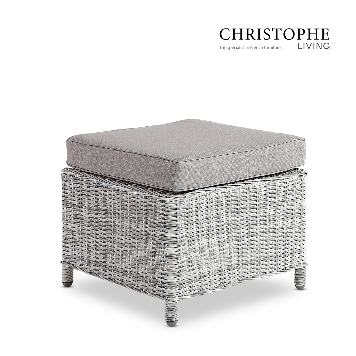 Whitehaven Wicker Outdoor Footstool with White Grey Water-Resistant Fabric