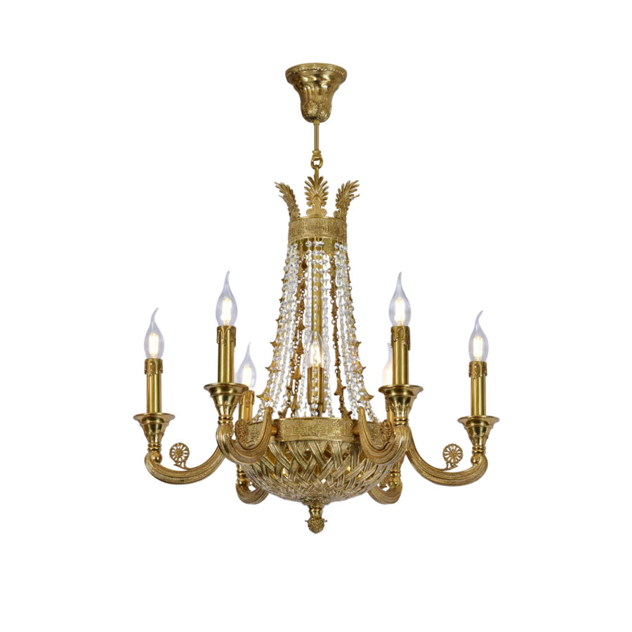 Adrienne Imperial Ten-Light Chandelier in Brass with Crystal Chains