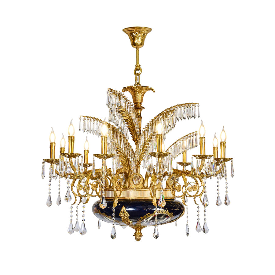 Adrienne Grand 12-Light Chandelier in Brass, Ceramics, and Crystal